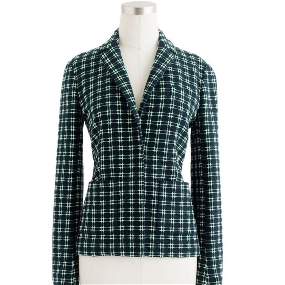 J Crew Green Shrunken In Embroidered Plaid Blazer